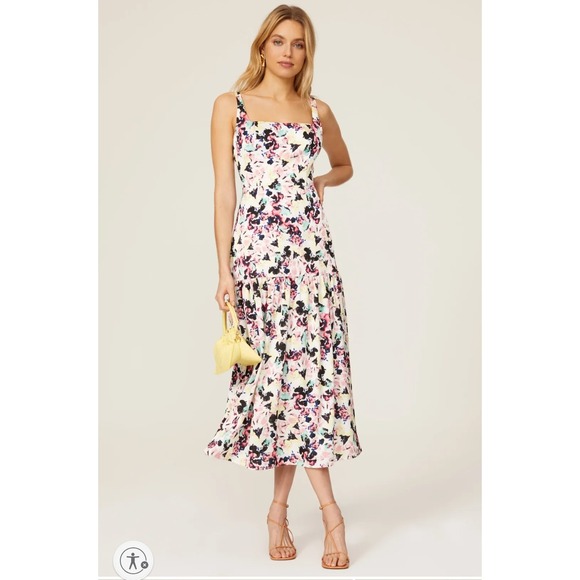Aidan Mattox Dresses & Skirts - Aidan Mattox Floral Print Satin Midi Dress Square Neck Sleeveless White Size 12‎